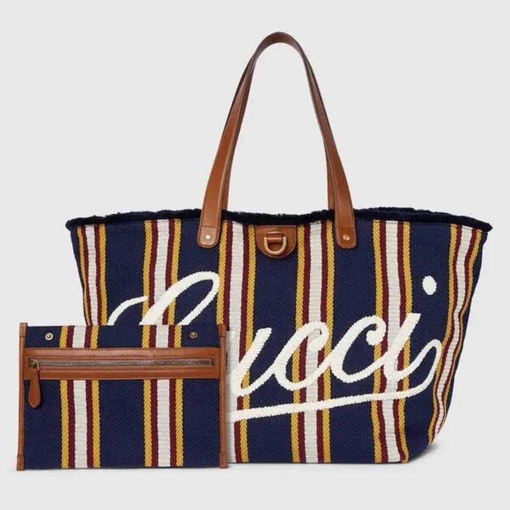 Gucci Navy and Brown Striped Tote